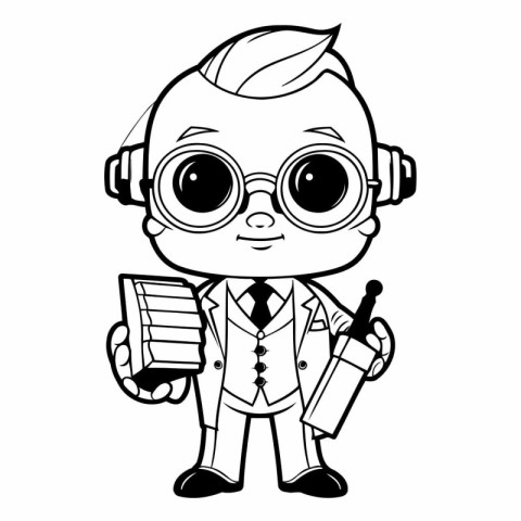 Black And White Cartoon Scientist Character Wearing Glasses Vect