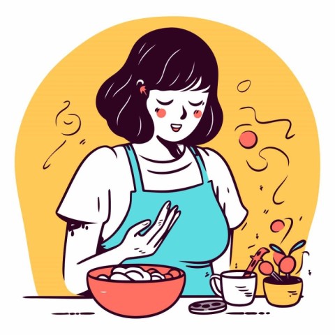 Young woman cooking in the kitchen in cartoon style.