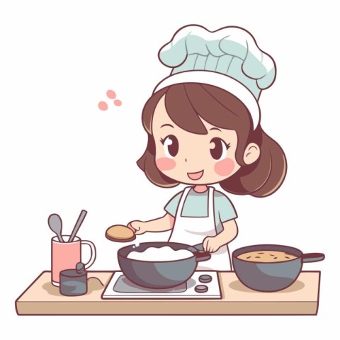 Illustration of a Cute Little Girl Cooking in the Kitchen.