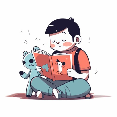 Vector illustration of a boy reading a book with a panda bear