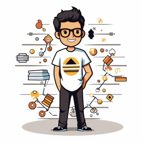 Young man with eyeglasses and social media icons.