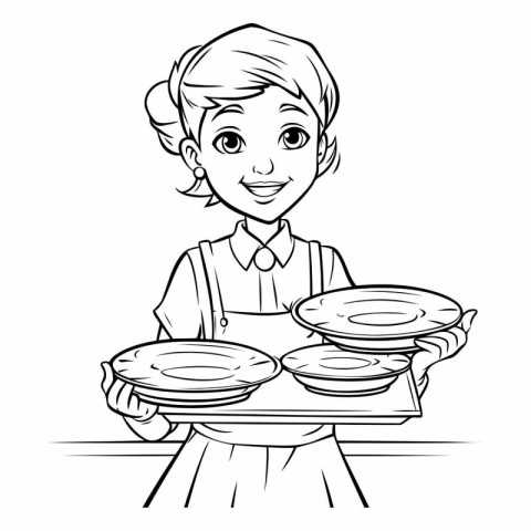 Black and White Cartoon Illustration of Female Waiter Holding Tr