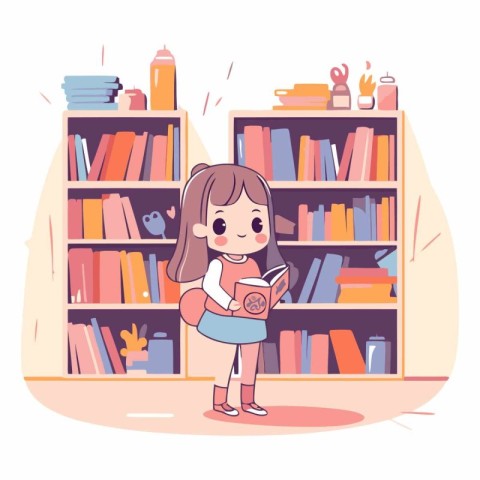 Little girl reading a book in the library. Flat style vector ill