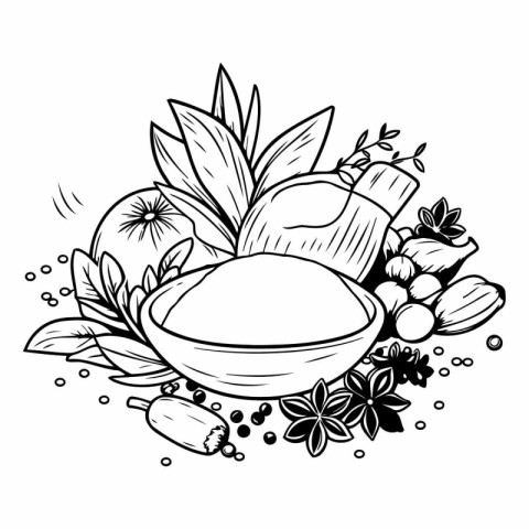 Herbs and spices. Herbs and spices. Black and white vector illus