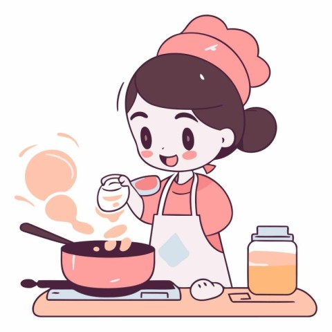 Young woman cooking in the kitchen. Cute cartoon vector illustra