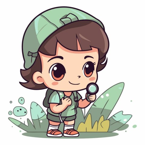 Boy exploring nature with magnifying glass. Cute cartoon vector