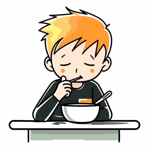 Illustration of a boy eating a bowl of soup on a table