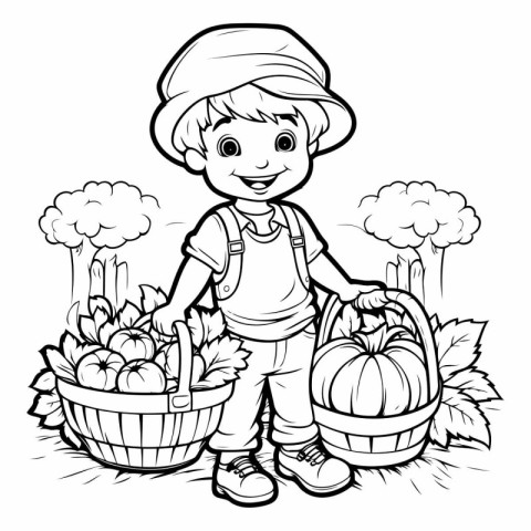 Black and White Cartoon Illustration of Cute Little Boy Farmer w