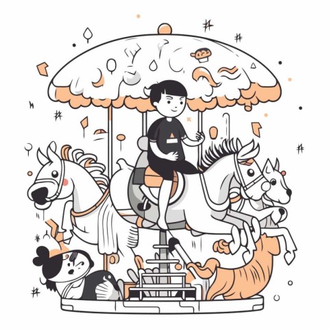 Vector illustration of a boy riding a horse on a carousel.