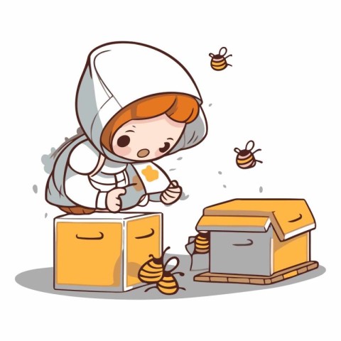 Beekeeper with wooden box cartoon character vector illustration