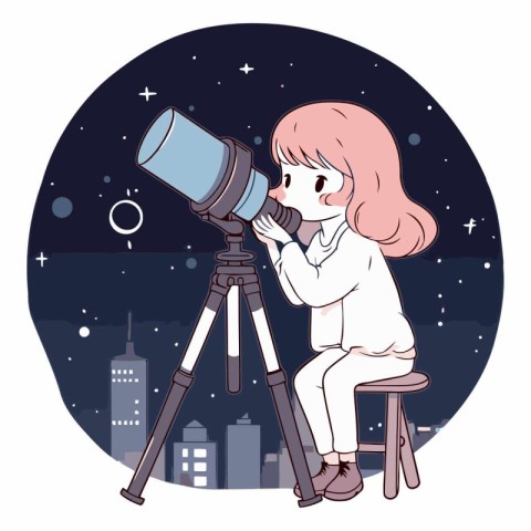 Cute little girl looking through a telescope at night.