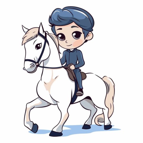 Cute boy riding a white horse isolated on white background.