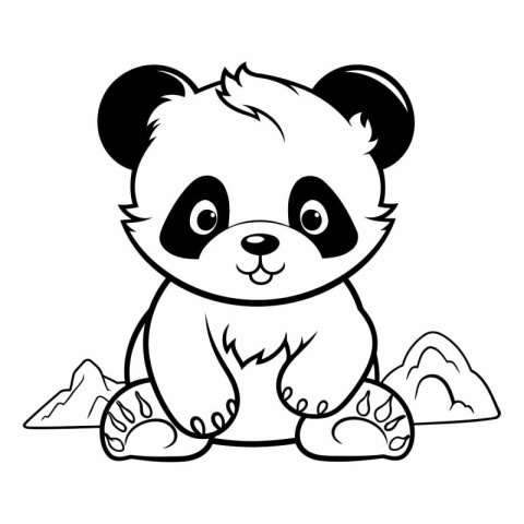 Cute panda sitting on the rock. Black and white vector illustrat