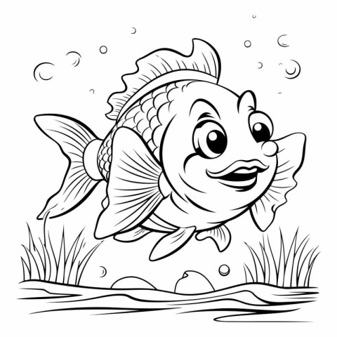 Black and White Cartoon Illustration of Cute Fish Animal Charact