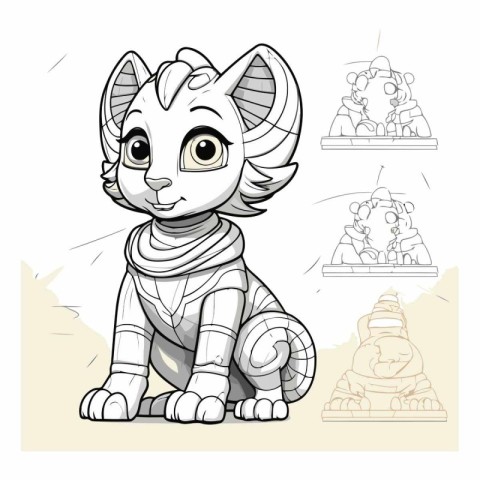 Illustration of a cute cat sitting on the background of ancient