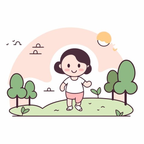 cute little girl running in the park cartoon vector illustration