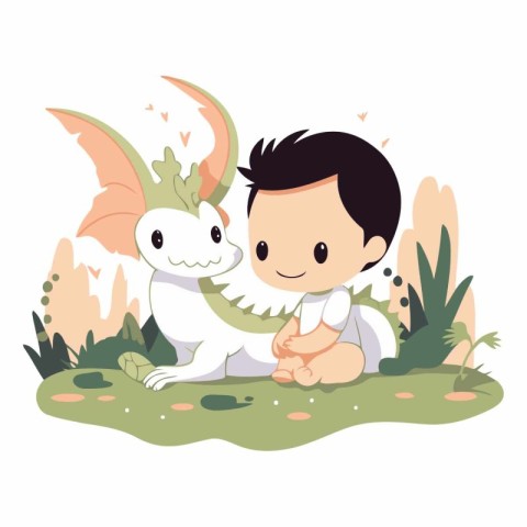 cute little dragon and boy playing in the garden vector illustra