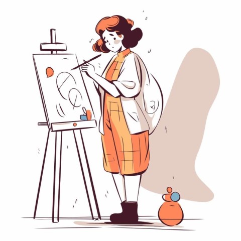 Female artist drawing a picture on easel in cartoon style