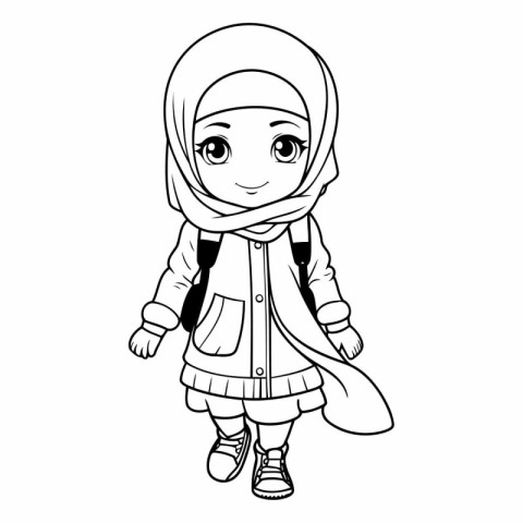 Cute muslim girl in traditional clothes for coloring book.