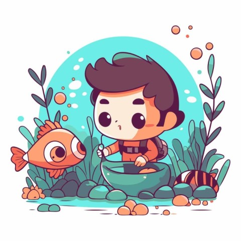 Cute cartoon boy playing with fish in the water.