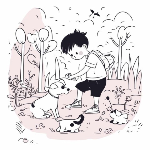 Boy playing with a dog in the park in cartoon style.