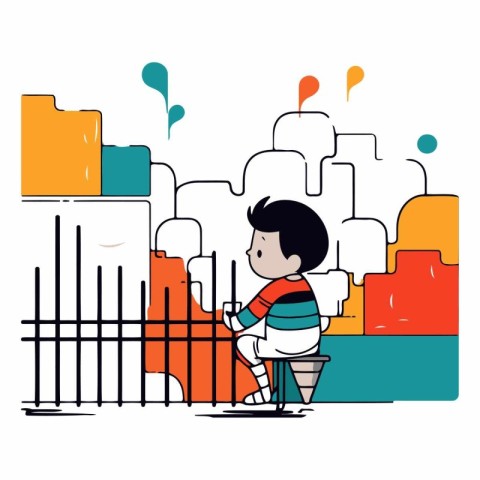 Vector illustration of a boy playing in the park with a fence.