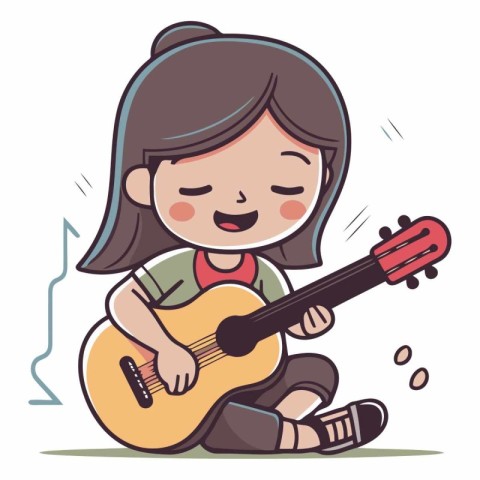 Little girl playing guitar. Cute cartoon character.