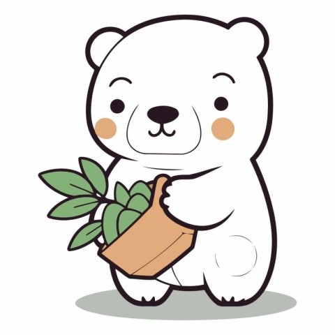 Cute polar bear holding a pot with plant.