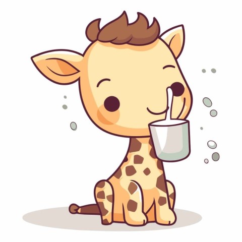 Cute giraffe drinking milk from a cup.