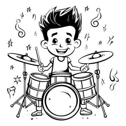 Boy playing drums. Black and white vector illustration for color