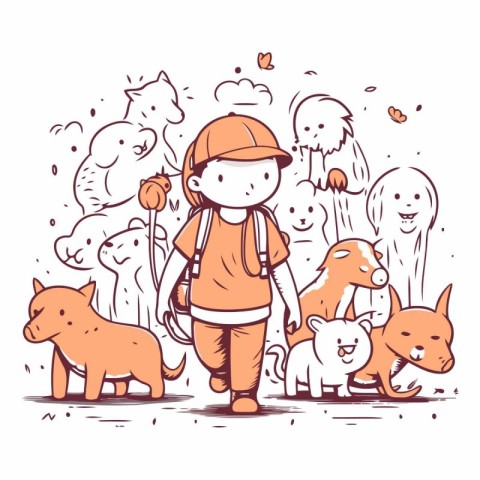 Cute little boy with a backpack walking with pets