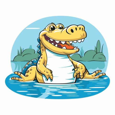 Cartoon crocodile on the background of the pond