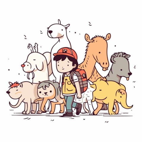 Cute little boy with a backpack and other animals.