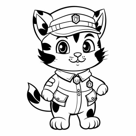 Black and White Cartoon Illustration of Cute Cat Police Officer