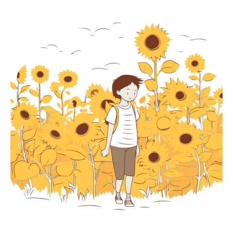 cute little boy with sunflowers in the field vector illustration