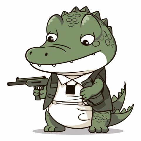 Cute crocodile holding a gun in his hand.