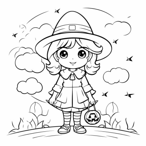 Coloring Page Outline Of a Cute Little Girl in Halloween Costume