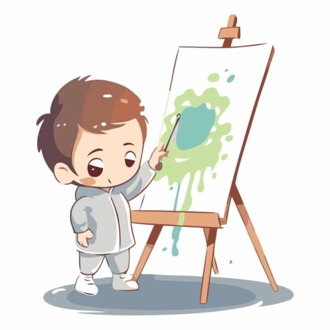 Cute little boy painting on easel. Vector cartoon illustration.