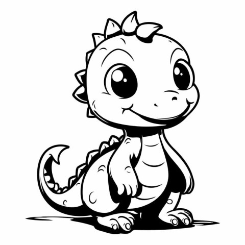 Cute Baby Dinosaur - Black and White Cartoon Illustration. Vecto