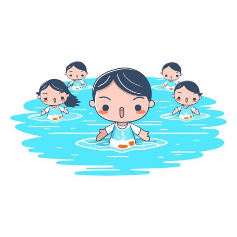 cute little boy swimming with his friends in the pool vector ill