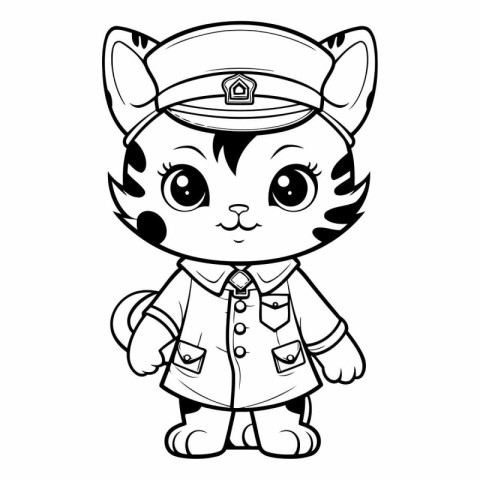 Black and White Cartoon Illustration of Cute Tiger Sailor Charac