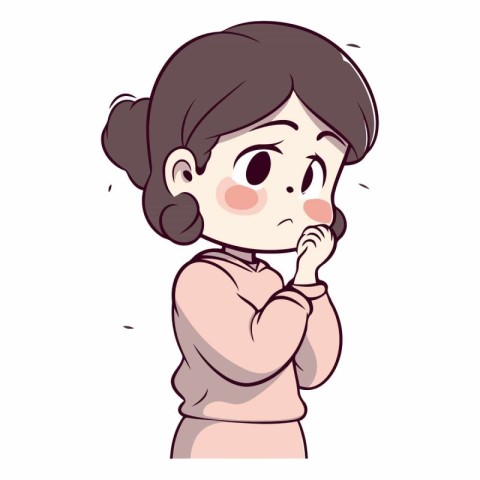 Illustration of a Cute Girl Thinking About Something on White Ba