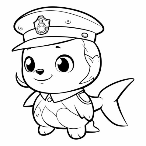 Black and White Cartoon Illustration of Cute Little Fish Captain