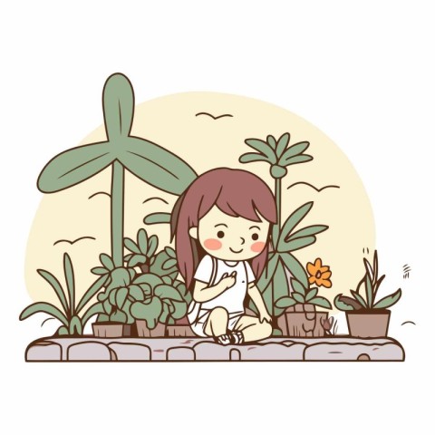 Cute little girl sitting in the garden and playing with plants.