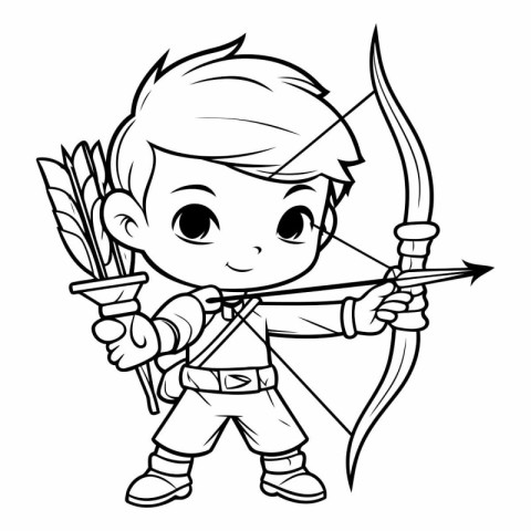 Cute little boy with bow and arrow for coloring book.