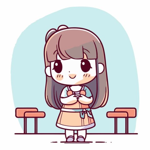 Cute little girl in school uniform in cartoon style.