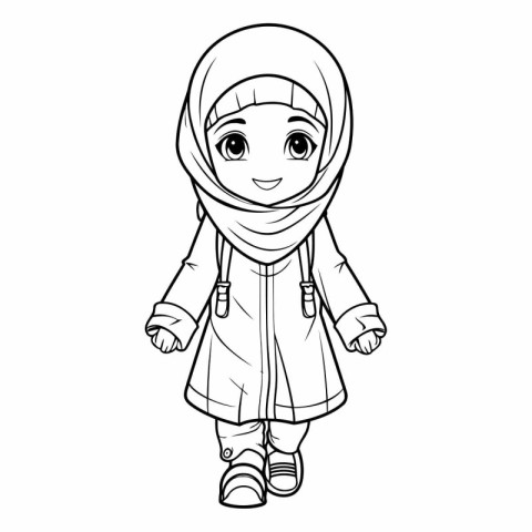 Cute Muslim girl in traditional clothes for coloring book.