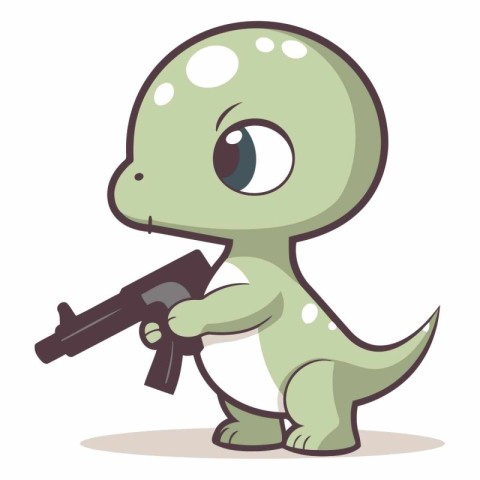 Cartoon dinosaur holding a gun of a cartoon dinosaur.