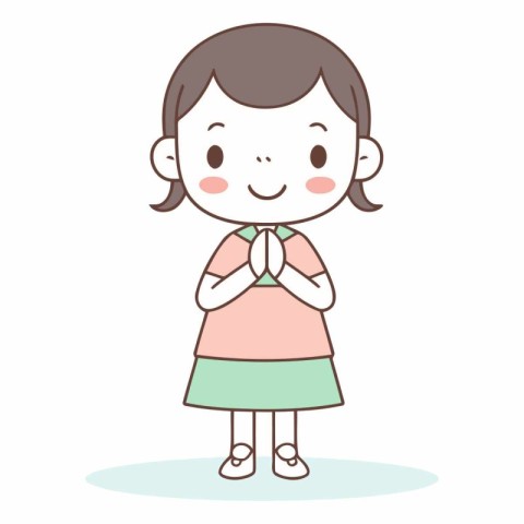 Girl holding hands together. Cute cartoon character.