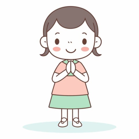 Girl holding hands together. Cute cartoon character.